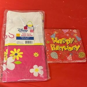 Disney Floral Table Cover and Happy Birthday Napkins - Pink and Yellow